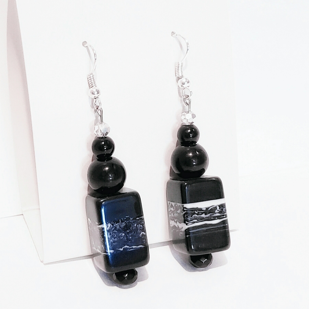 N. Black Marble French Hook Earrings